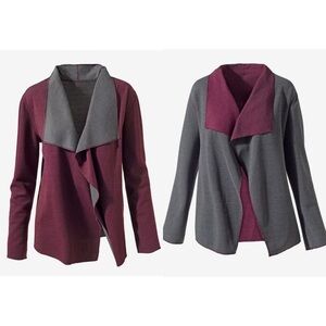 Chicos Reversible Waterfall Cardigan Maroon Grey Sweater Weekends Striped